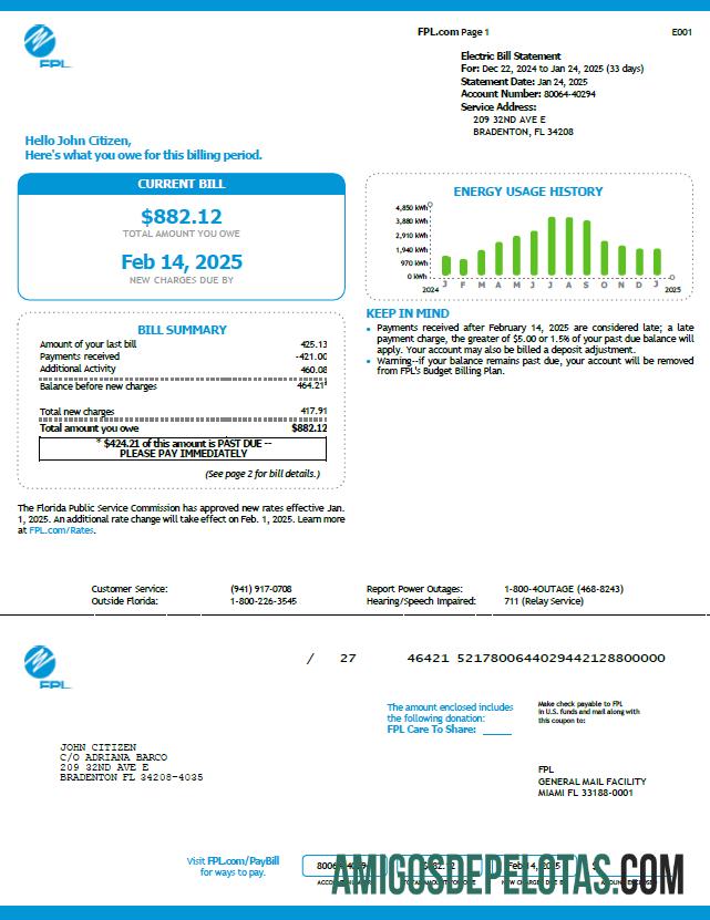 imprimível Modelo de fatura de serviços públicos FPL dos EUA em formatos Word e PDF, versão 5